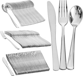 De MATANA - Zilveren Plastic Bestekset 180-delig (60 messen, 60 vorken, 60 lepels) in één oogopslag