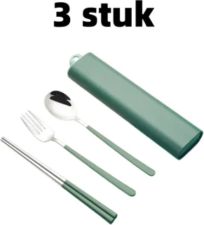 Merkloos 3-delige bestekset (lepel, vork, eetstokjes) RVS Groen