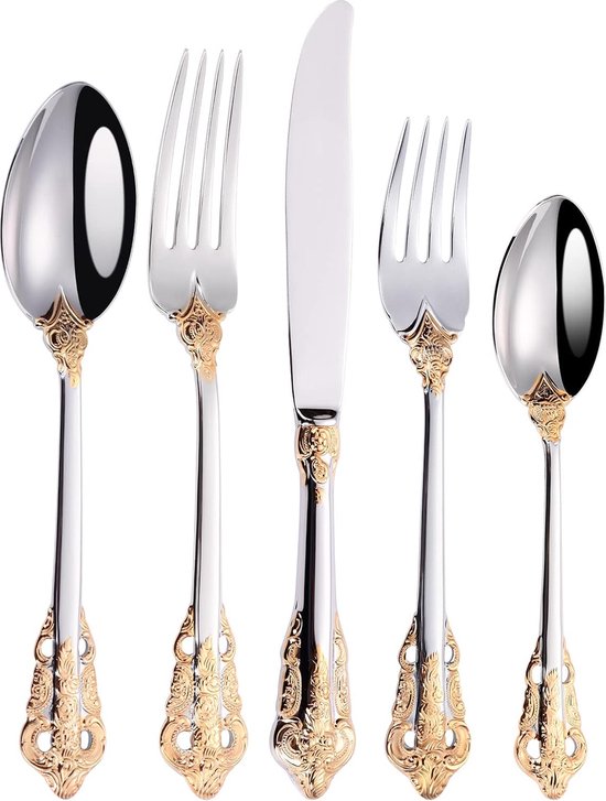 Messenset 20-delig RVS Goudplating + Vorken en Lepels 4 Personen