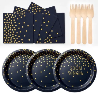 Omgoods feestservies 72-delig donkerblauw goud wegwerpservies