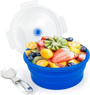 Opvouwbare siliconen lunchkom 1200ml met bestekset - Blauw