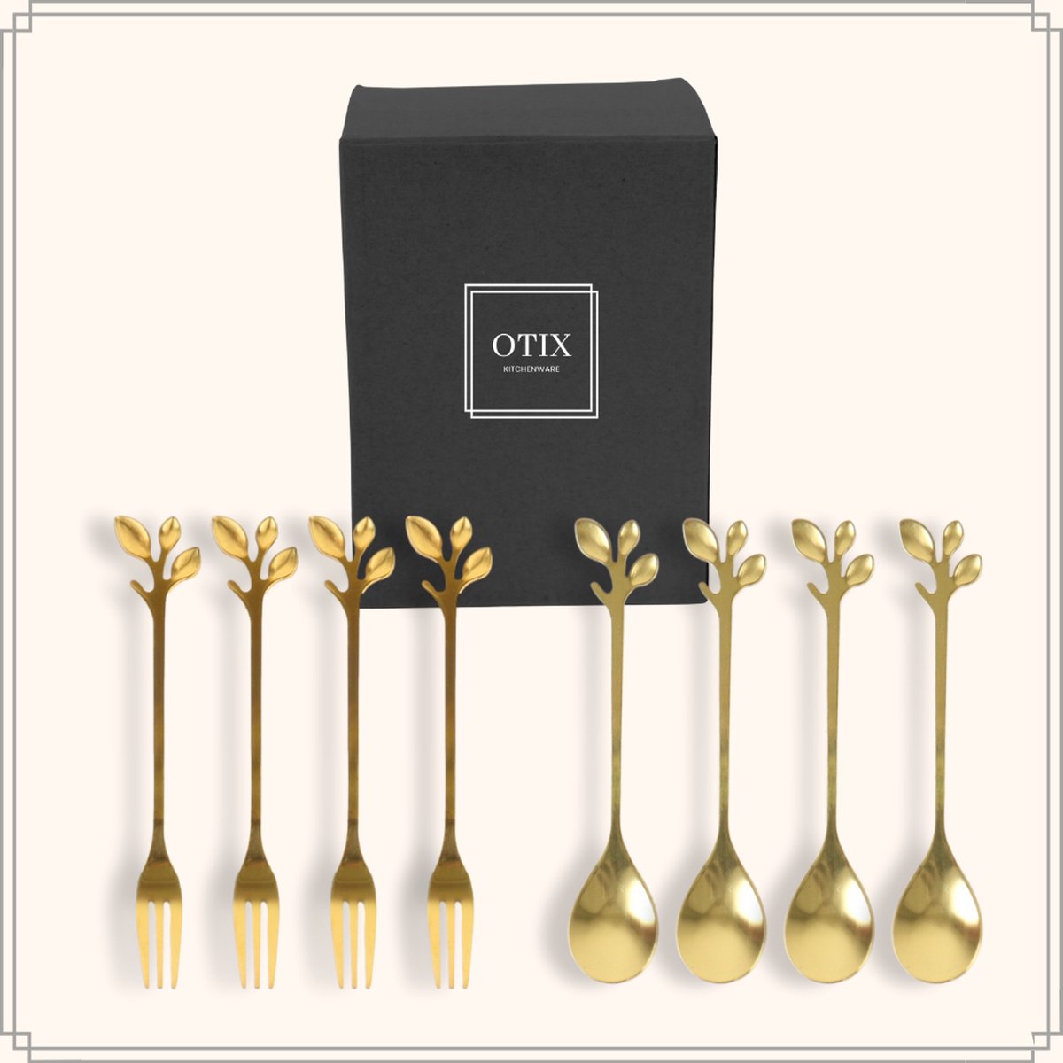 Wat vinden we goed aan de OTIX LEAF Gebaksvorkjes en Theelepeltjes Goud 8 stuks