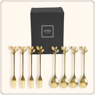 OTIX LEAF Gebaksvorkjes en Theelepeltjes Goud 8 stuks
