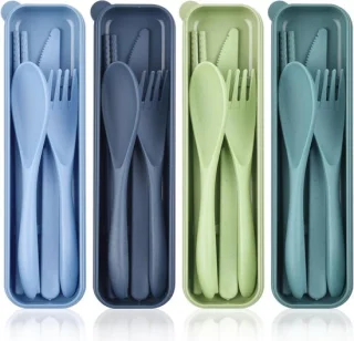 Plastic bestekset 4-delig - lepel, vork, mes & eetstokjes met etui