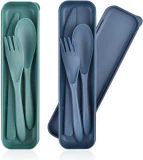 Plastic bestekset met koffer blauw groen