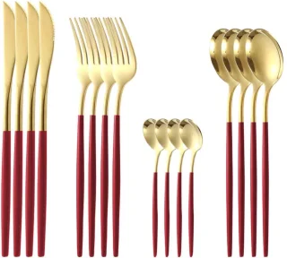 QTTVBTNA 16-delig RVS bestekset voor 4 personen - rood-goud