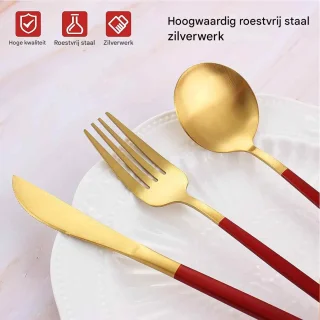 QTTVBTNA 16-delig RVS bestekset voor 4 personen - rood-goud