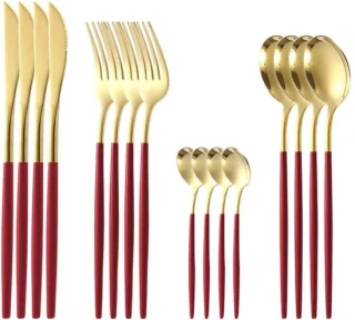 QTTVBTNA 16-delig RVS bestekset voor 4 personen - rood-goud