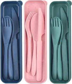 Reisbestek met etui, 3 stuks (donkergroen, donkerblauw, roze)
