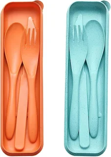 Reisbestek set met etui (vork, mes, lepel) - groen/oranje