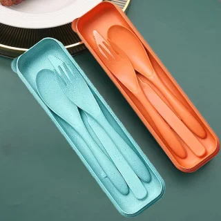 Reisbestek set met etui (vork, mes, lepel) - groen/oranje