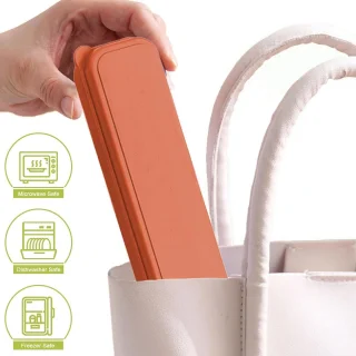 Reisbestek set met etui (vork, mes, lepel) - groen/oranje