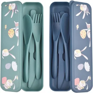 Reisbestekset – donkerblauw met konijnenpatroon