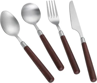 Roestvrijstalen bestek met imitatiehoutlook: steakmes en vork, dessertmes en lepel - ShopVlot