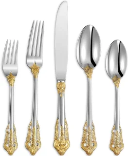Roestvrijstalen bestekset 5-delig, verzilverd met gouden accenten