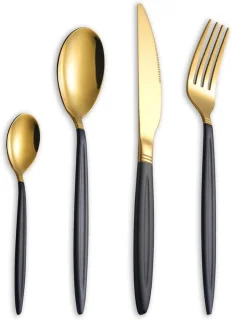 Rvs bestekset in titanium en mat zwart met glanzend goud