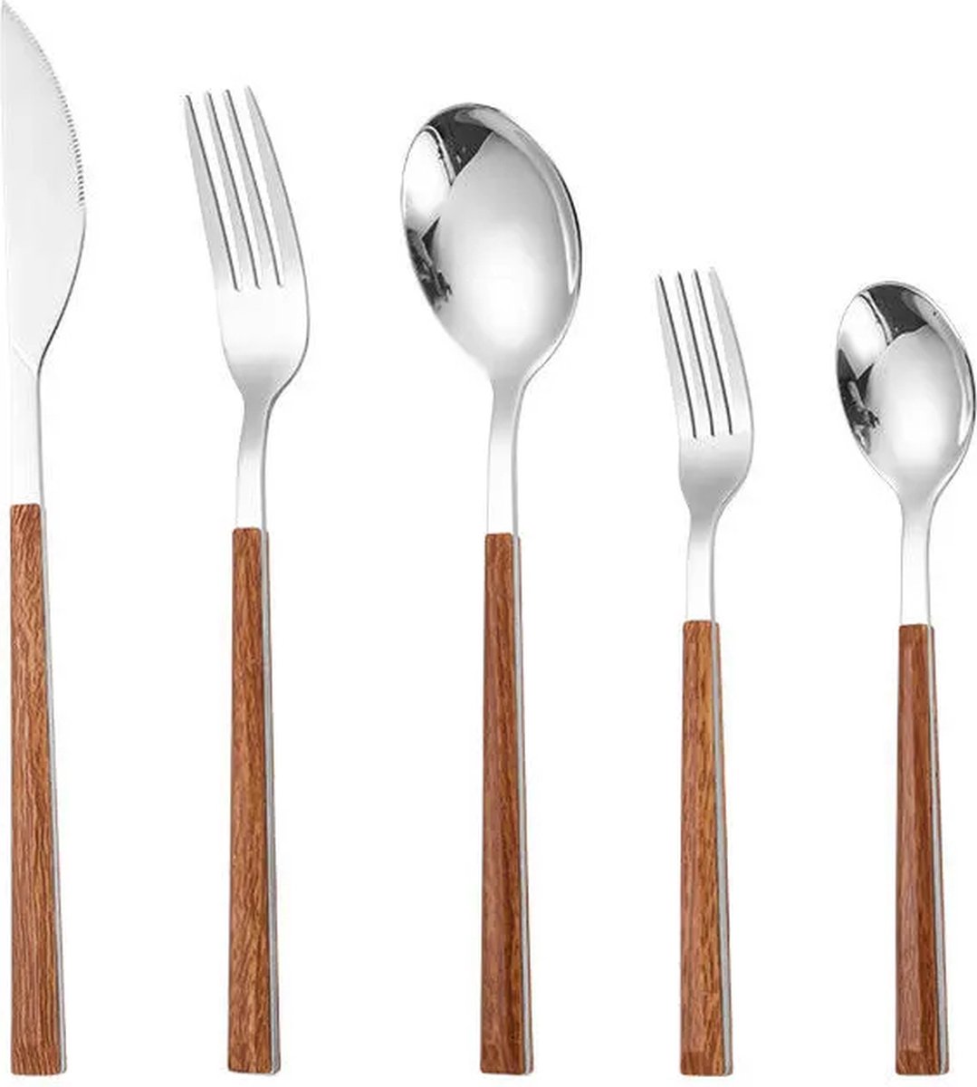De Scandinavische 20-delige bestekset 4 persoons zilver houtlook in één oogopslag