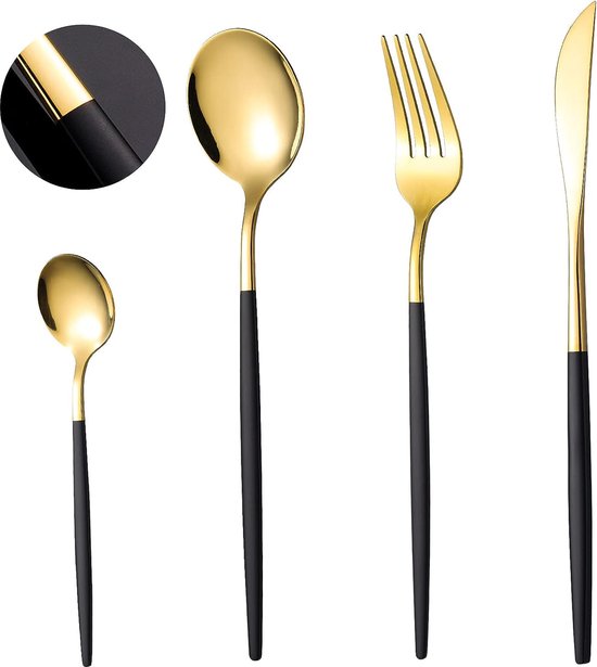 Servies 24-delig Zwart Goud met Zwart Handvat voor 6 Personen