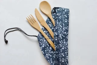 Set Bamboe Bestek Vork Lepel Mes in Hoesje