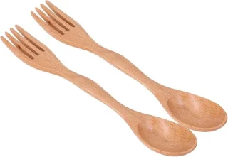 Set van 2 houten lepels en vorken, 30 cm
