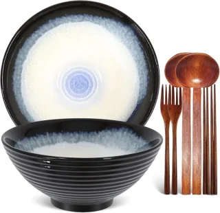 Set van 2 keramische schalen met bestek in kattenogenblauw