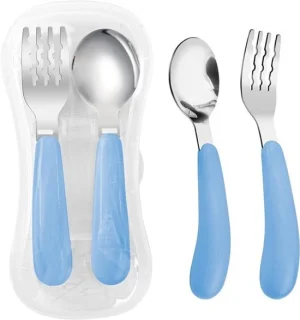Set van 2 kindervork en lepel met reisetui - Roestvrijstalen bestek (Blauw)