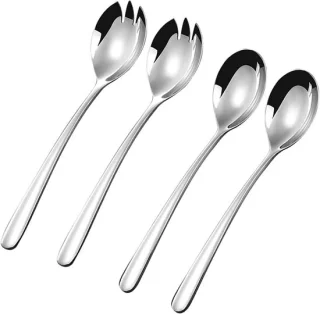 Set van 2 rvs saladescheppen en 2 rvs saladevorken