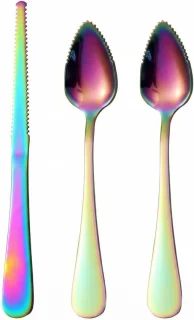 Set van 3 rvs gebogen fruitlepels en mes
