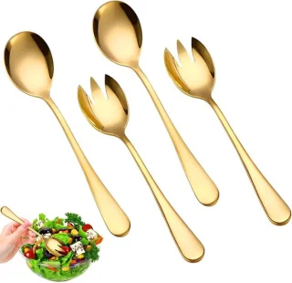 Set van 4 stuks gepolijst gouden rvs saladebestek