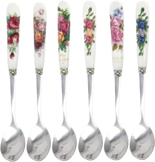 Set van 6 decoratieve rvs theelepels met porseleinen handvatten