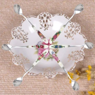 Set van 6 decoratieve rvs theelepels met porseleinen handvatten