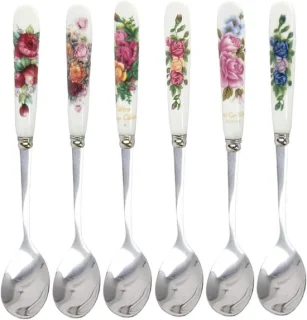Set van 6 decoratieve rvs theelepels met porseleinen handvatten