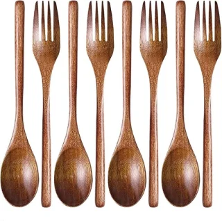 Set van 6 houten lepels en vorken