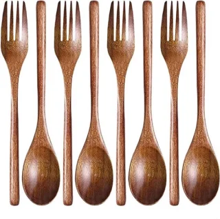 Set van 6 houten soeplepels en vorken