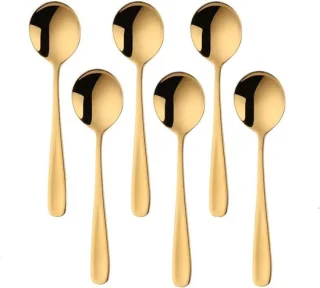 Set van 6 ronde soeplepels in goud