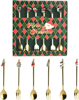 Set van 6 RVS kerstlepels en -vorken
