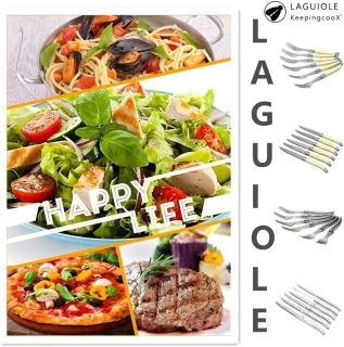 Set van 6 steakvorken met ivoorkleurige handgrepen