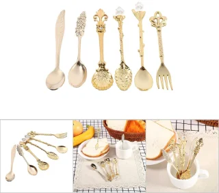 Set van 6 vintage gouden koffielepels en vork