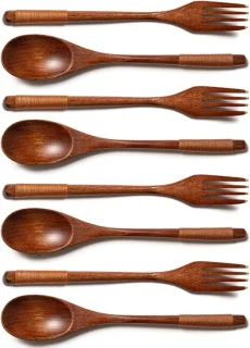 Set van 8 Houten Bestek - Lepel en Vork