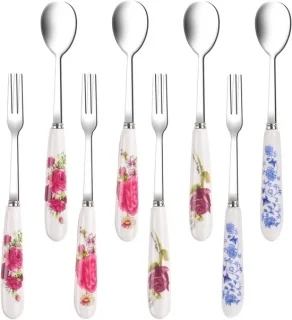 Set van 8 rvs koffielepels en taartvorken met bloemenpatroon