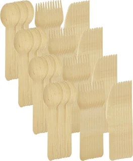 Set van wegwerp houten bestek - lepel, vork, mes, 96 stuks