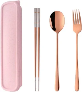 SnelShoppen draagbare bestekset 18/10 RVS eetstokjes lepel vork met case roze goud