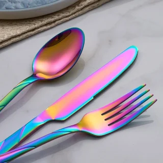 SnelShoppen Rainbow servies set voor 6 personen, 30-delige RVS bestekset met vorken, messen en lepels