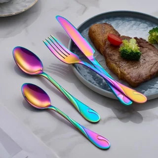 SnelShoppen Rainbow servies set voor 6 personen, 30-delige RVS bestekset met vorken, messen en lepels