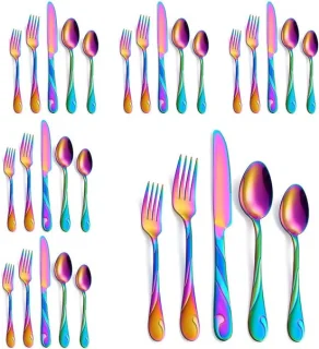 SnelShoppen Rainbow servies set voor 6 personen, 30-delige RVS bestekset met vorken, messen en lepels