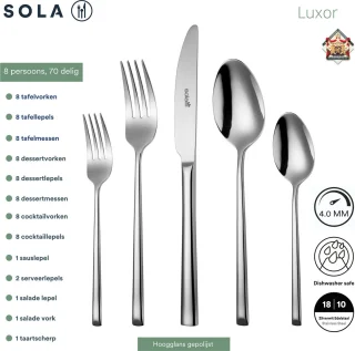Sola Luxor Bestekset 70-delig 8-persoons Zilverwit 18/10 RVS