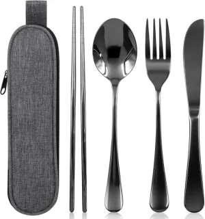 Stainless steel campingbestekset van 5 stukken met etui