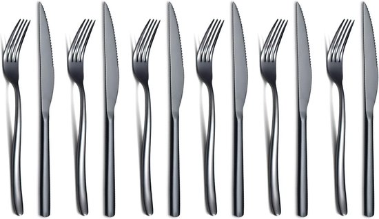 Steakbestekset 12-delig premium zwart RVS voor 6 personen