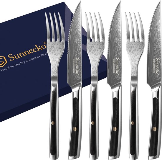 Steakbestekset G10 met damastmes en vork, 6-delig