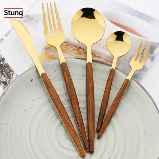Stunq 24-delig bestekset rvs met imitatie houten handvat goud